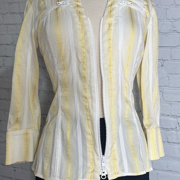 ✨Vintage 1990's Cache Striped White Yelllow/Gold Zipper Long Sleeve Blouse ✨ M - Picture 7 of 9